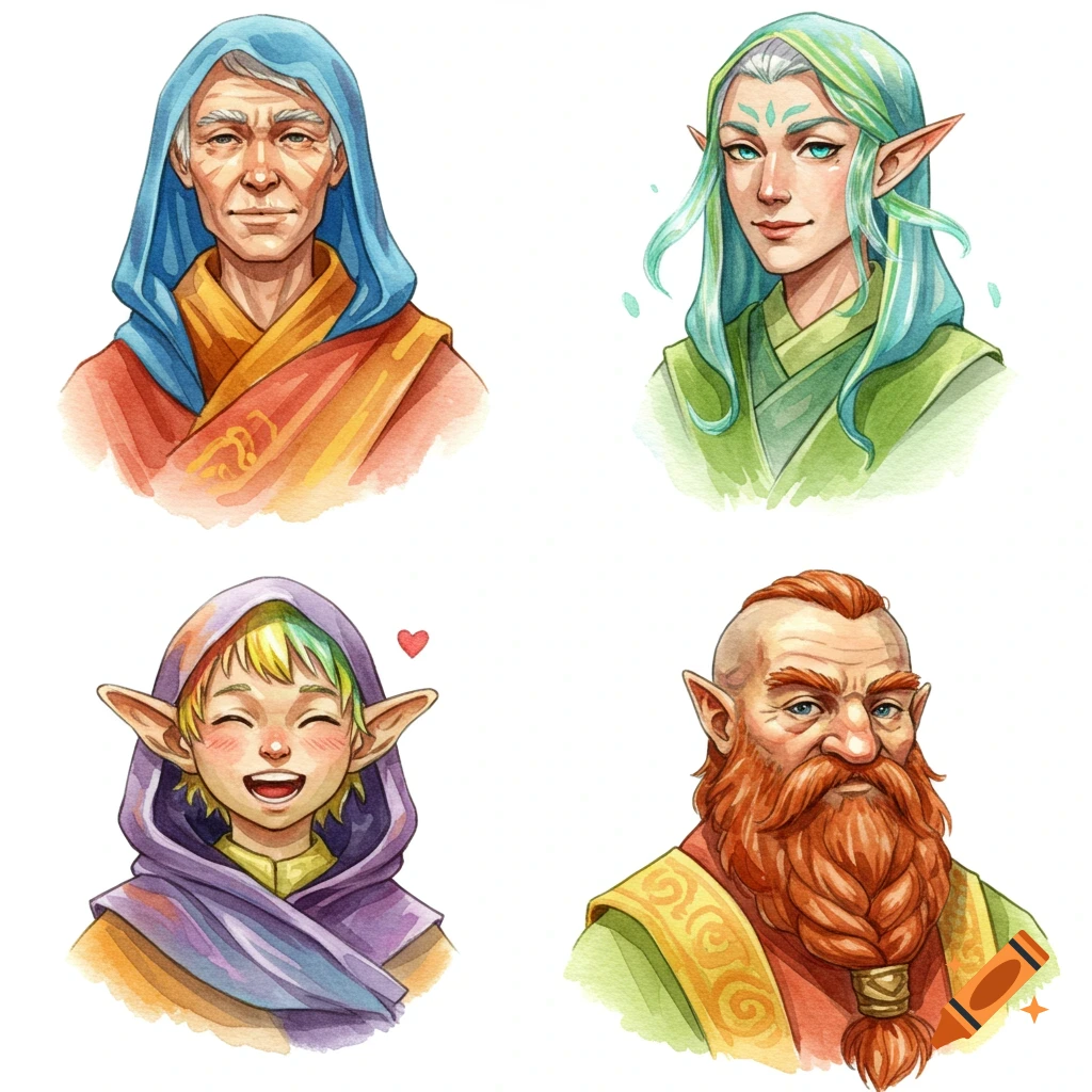 Four watercolor portraits: an old human, a young elf, a cheerful halfling, and a bearded dwarf in monk robes.