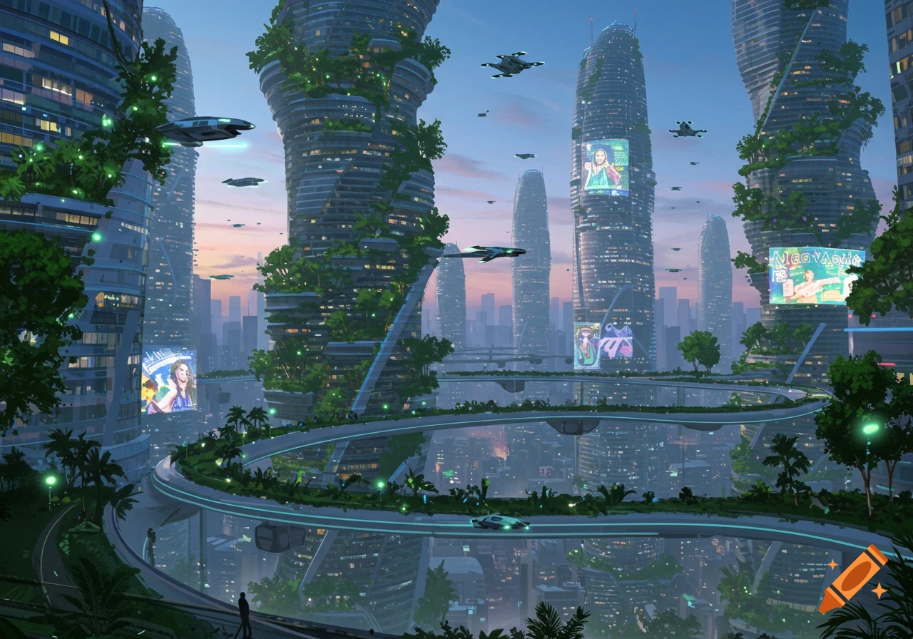 A vibrant futuristic city with verdant skyscrapers, elevated pathways, flying vehicles, and large digital billboards under a twilight sky.