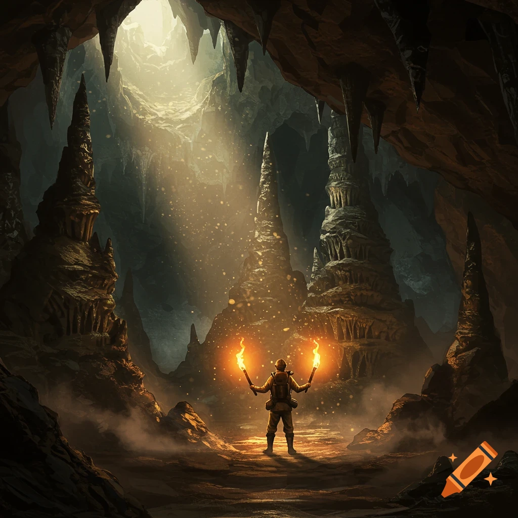 A lone figure holds two blazing torches in a vast, dramatic cave with light streaming from above, fantasy art style.
