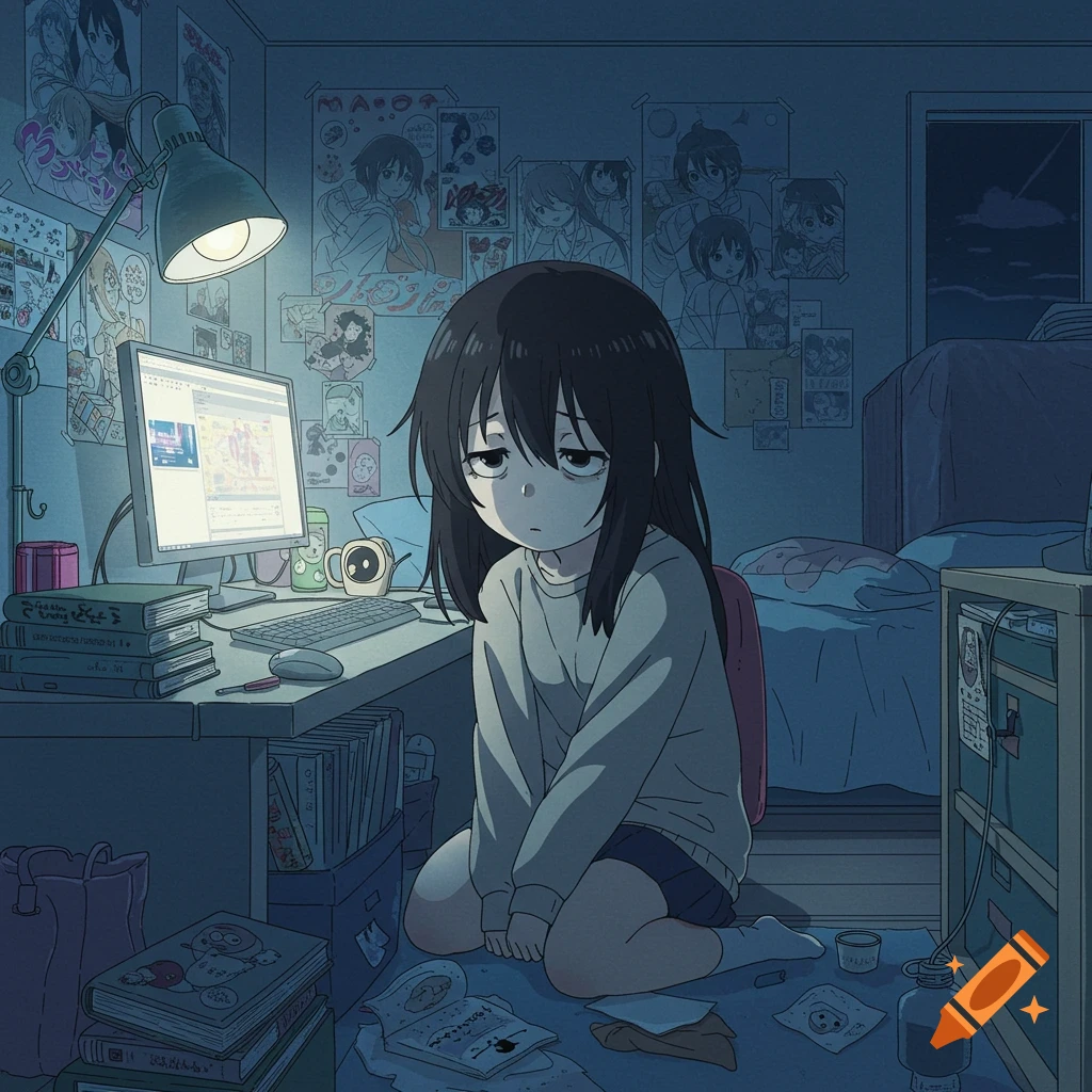A tired, black-haired anime girl sits on the floor in her messy, poster-filled bedroom at night, next to a computer desk.