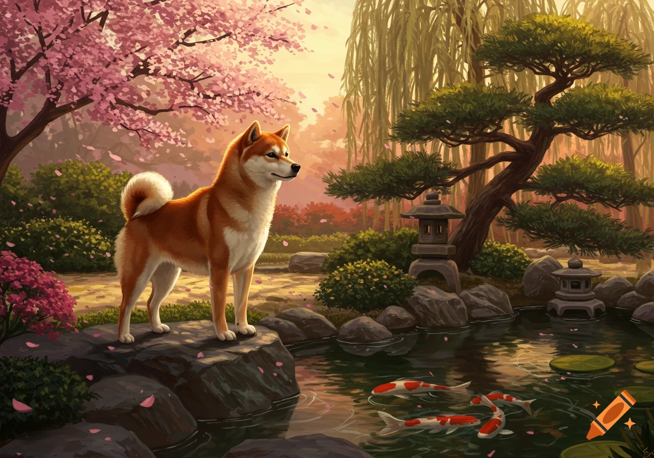 An illustrated Shiba Inu stands on rocks in a vibrant Japanese garden with pink cherry blossoms, a pond with koi fish, and stone lanterns.