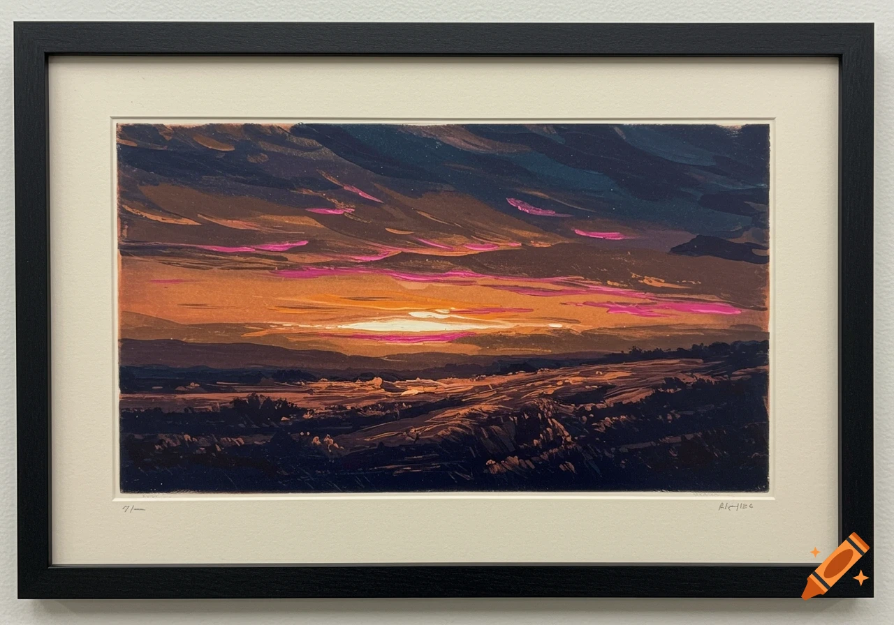 Framed monoprint of a vibrant, stylized sunset landscape with orange, pink, and dark blue hues.
