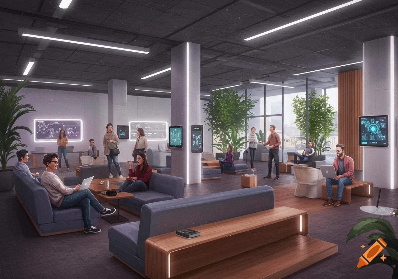 A group of diverse people working and socializing in a spacious, modern office lounge area with large windows, plants, and digital screens.