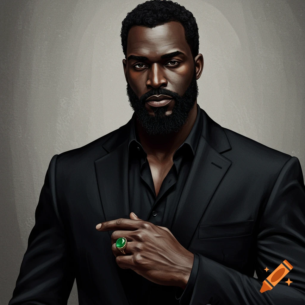 A dark-skinned man with a black beard and mustache wears a black suit, black shirt, and a green ring on his right hand, looking directly at the viewer.