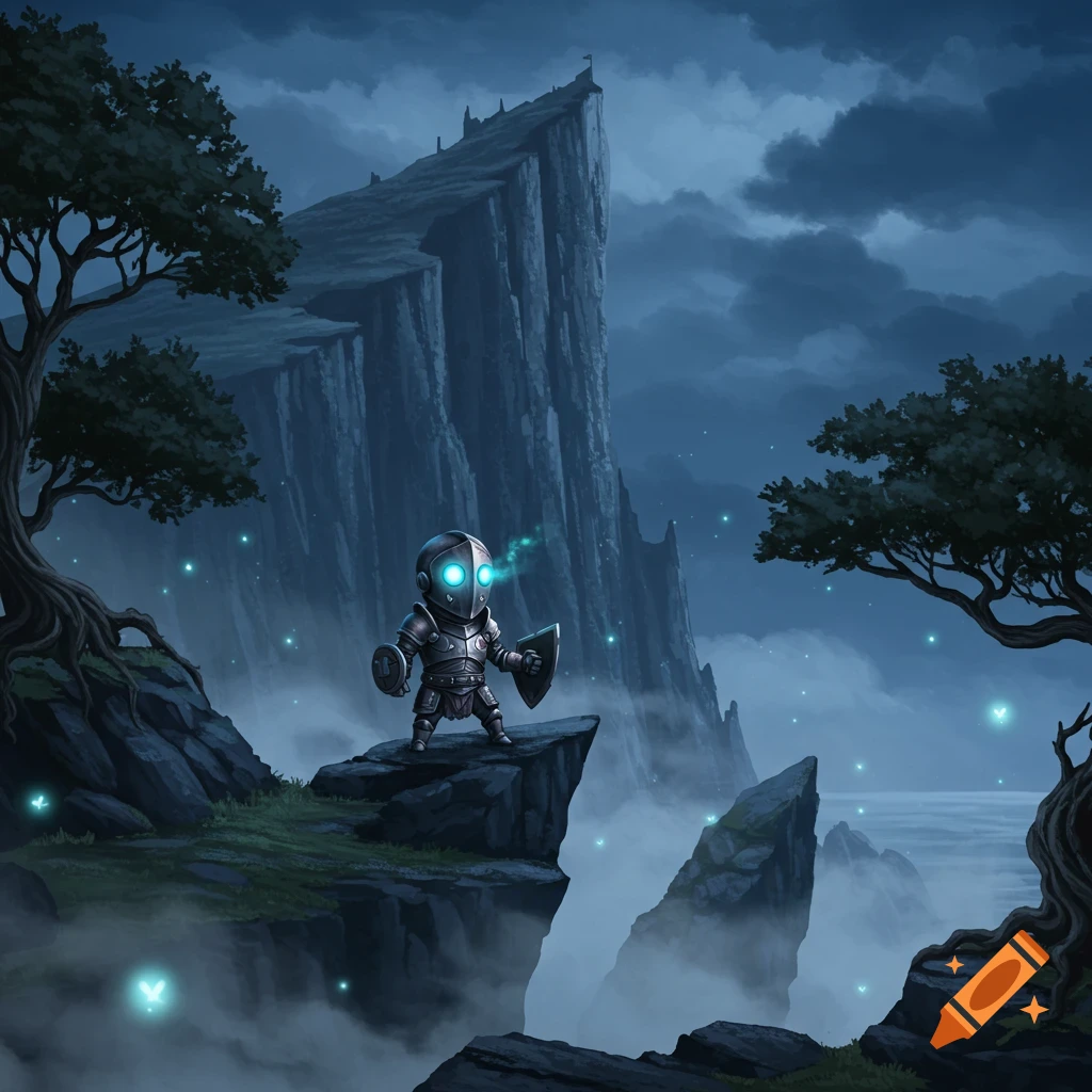 A small, armored knight with glowing blue eyes stands on a rocky cliff overlooking a foggy, moonlit fantasy landscape with trees and glowing blue fireflies.