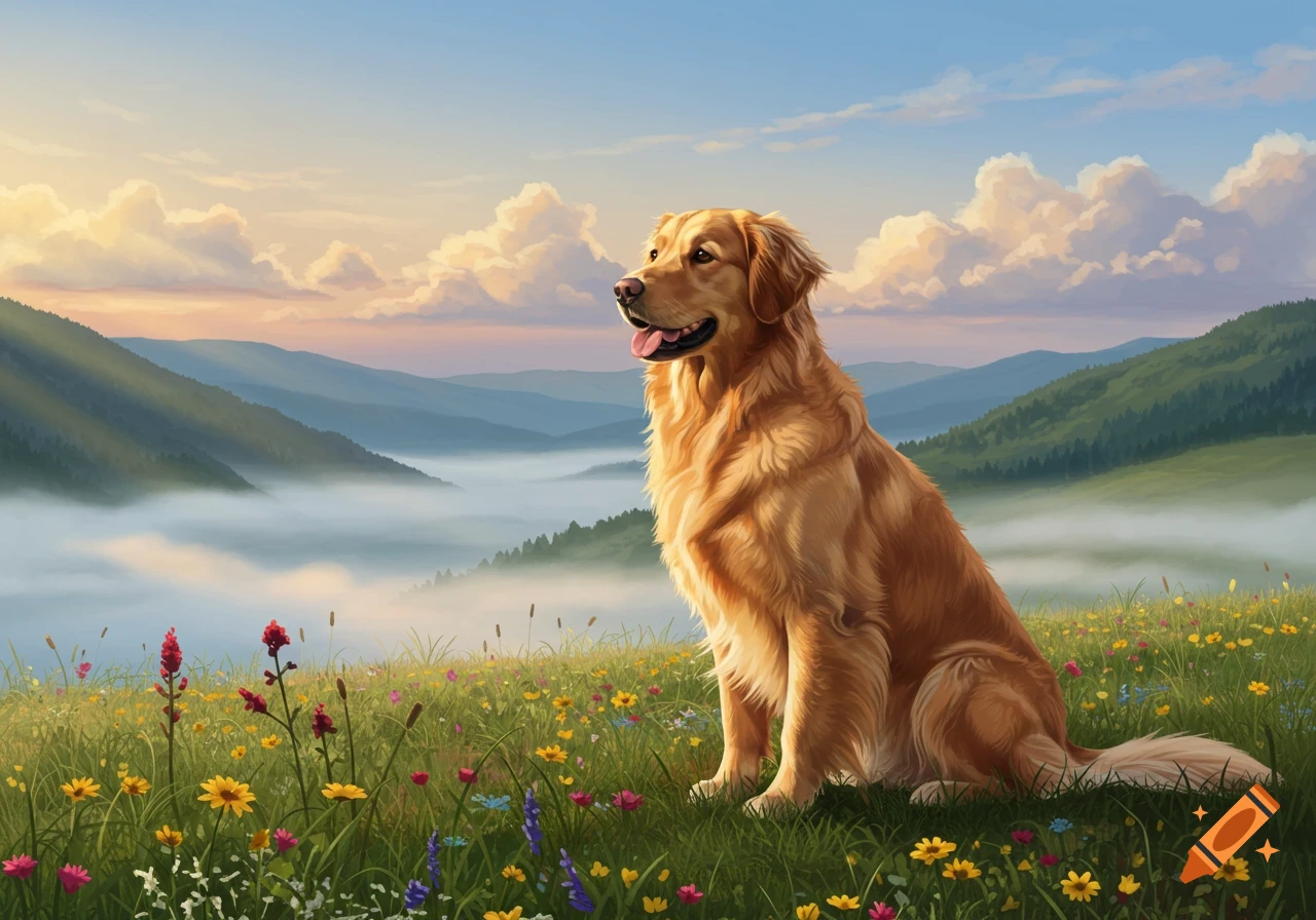 A golden retriever sits in a field of wildflowers with mountains and fog at sunrise.