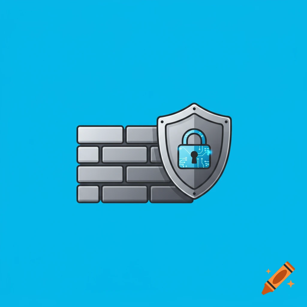 Cartoon illustration of a grey brick wall with a shield icon featuring a blue padlock and circuit board, symbolizing cybersecurity.