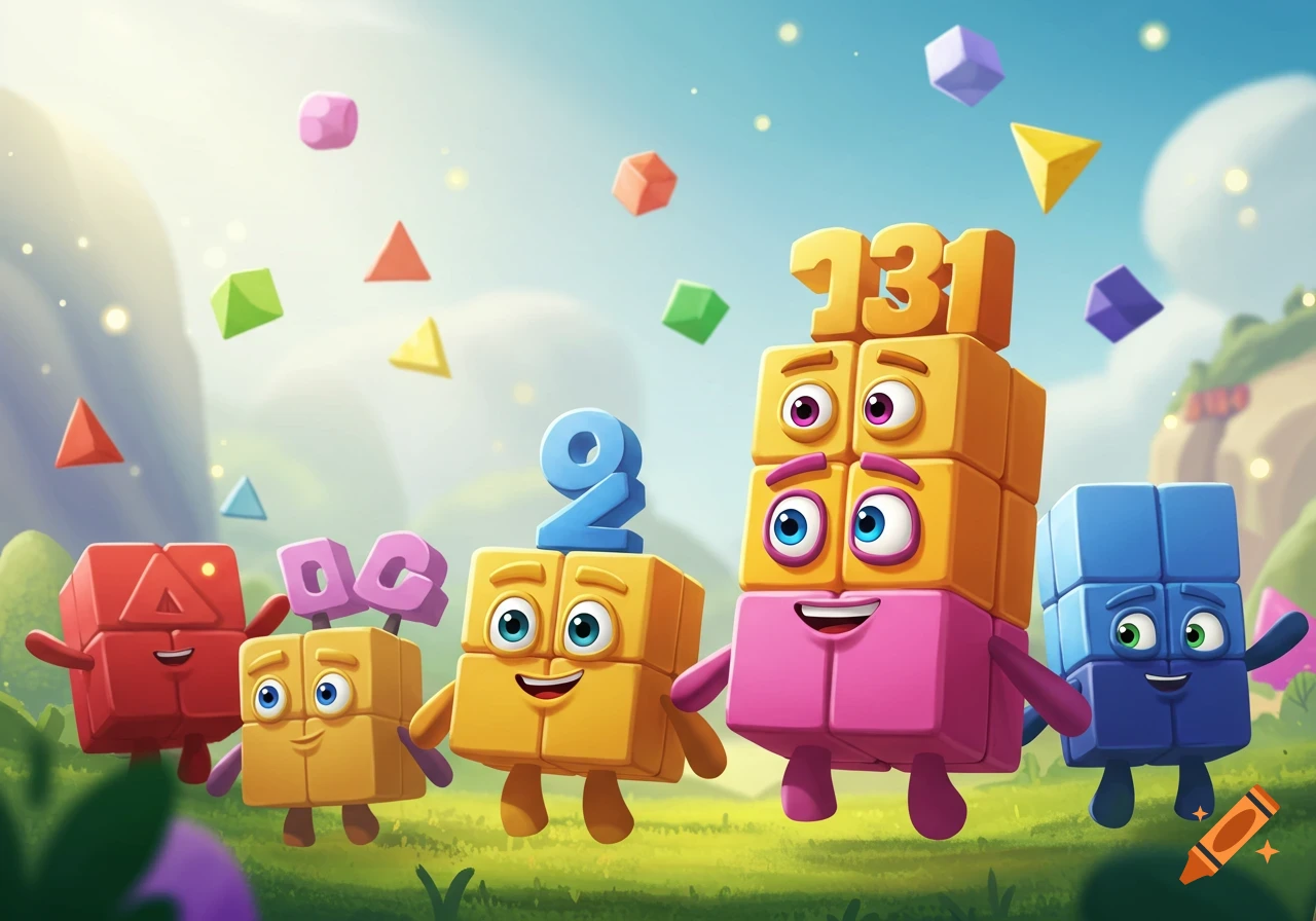 Colorful cartoon Numberblocks characters, including a blue '2' and a tall '131', stand in a bright green landscape.