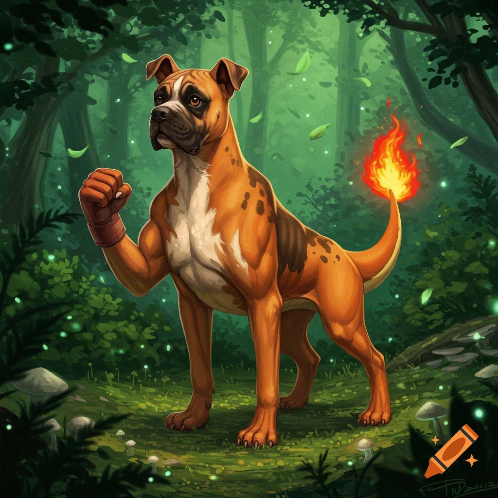 A muscular boxer dog with a boxing glove on one arm and a fiery tail stands in a mystical green forest.