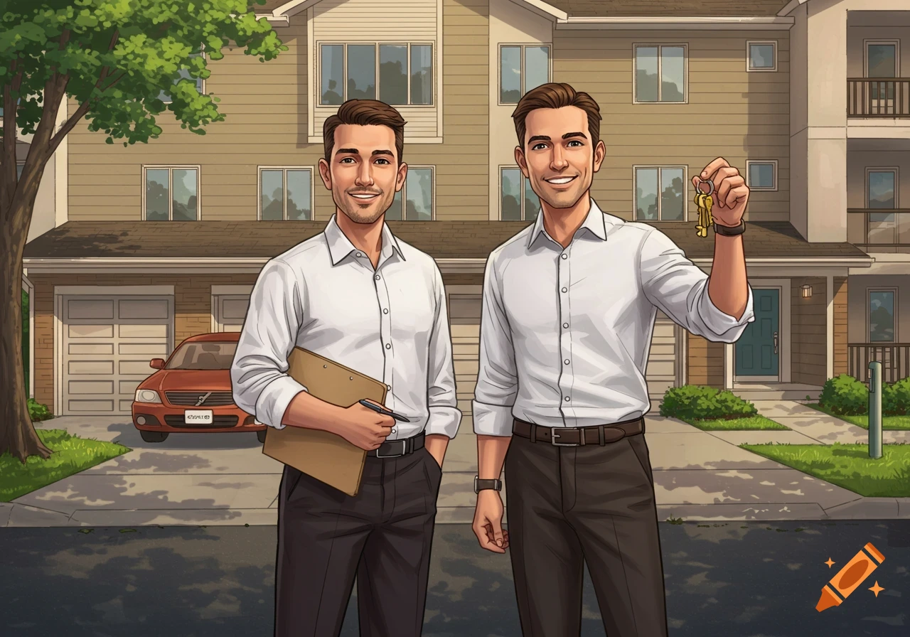 Two smiling male real estate agents in white shirts and slacks stand in front of a beige residential property with a car and garage, holding a clipboard and keys, in a clean cartoon illustration.