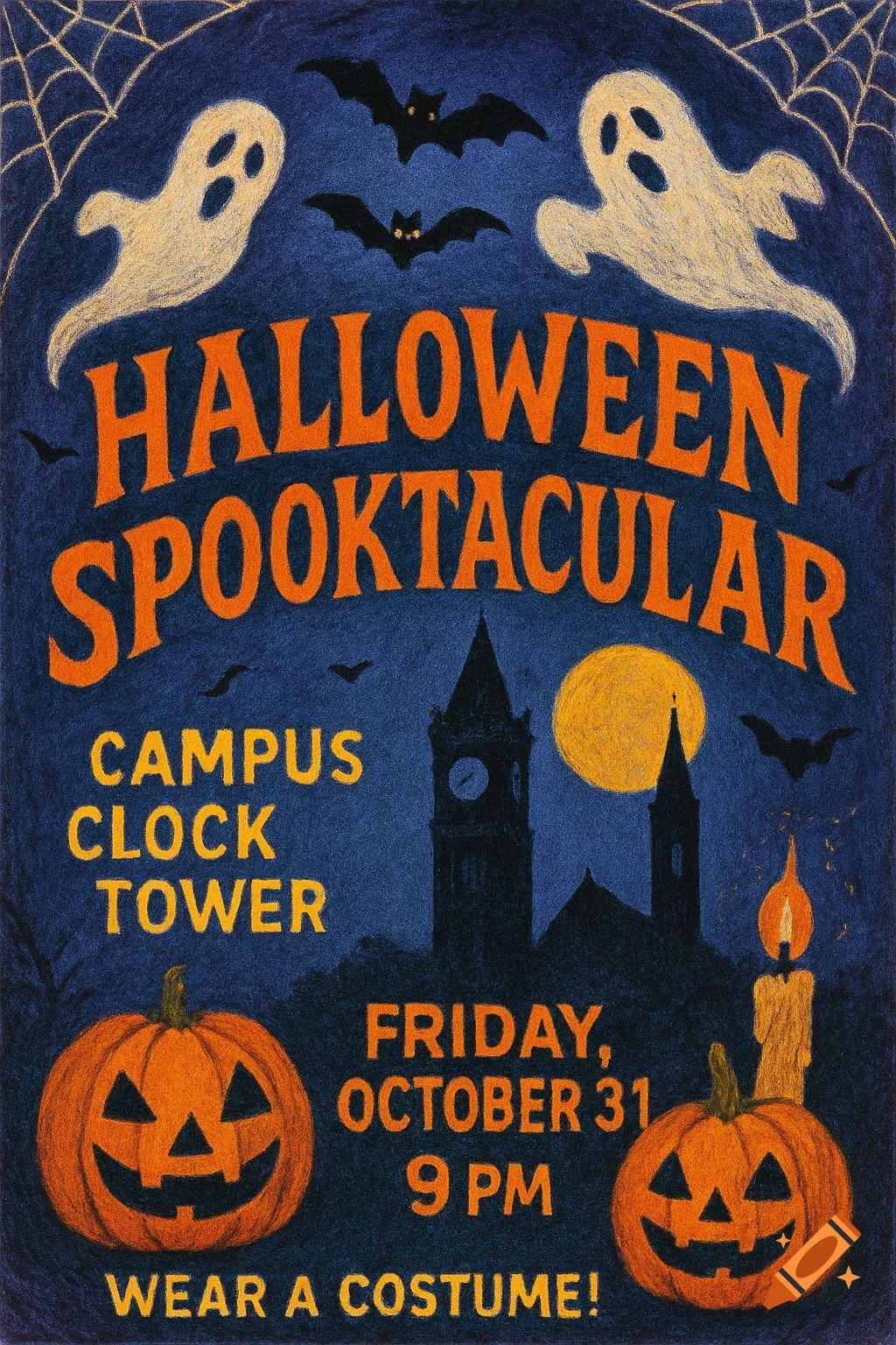 Crayon art Halloween invitation poster with ghosts, bats, pumpkins, a clock tower, and event details.