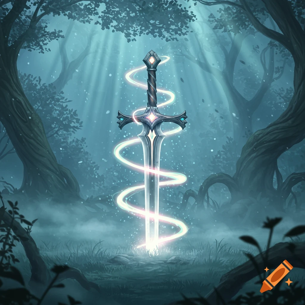 An ornate, glowing fantasy sword stands upright in a mystical, misty forest with rays of light shining down.