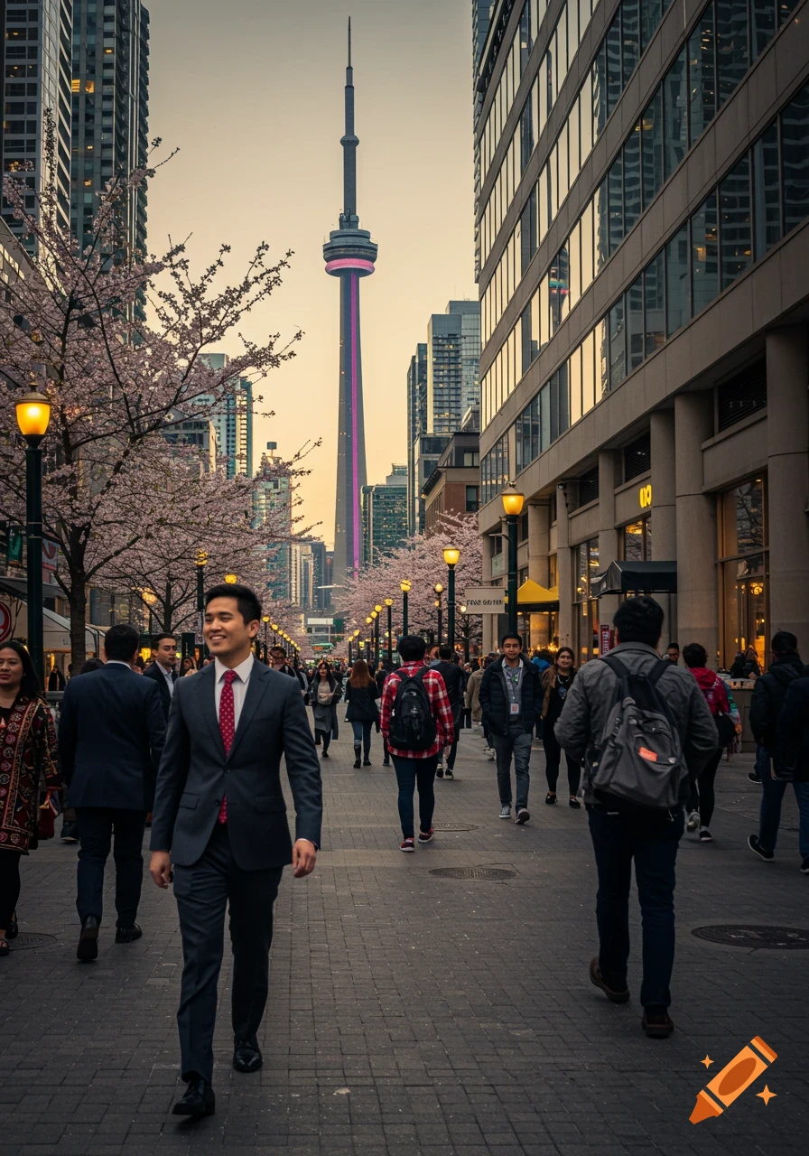 A busy street in Toronto lined with cherry blossom trees and people walking, with the CN Tower in the background.