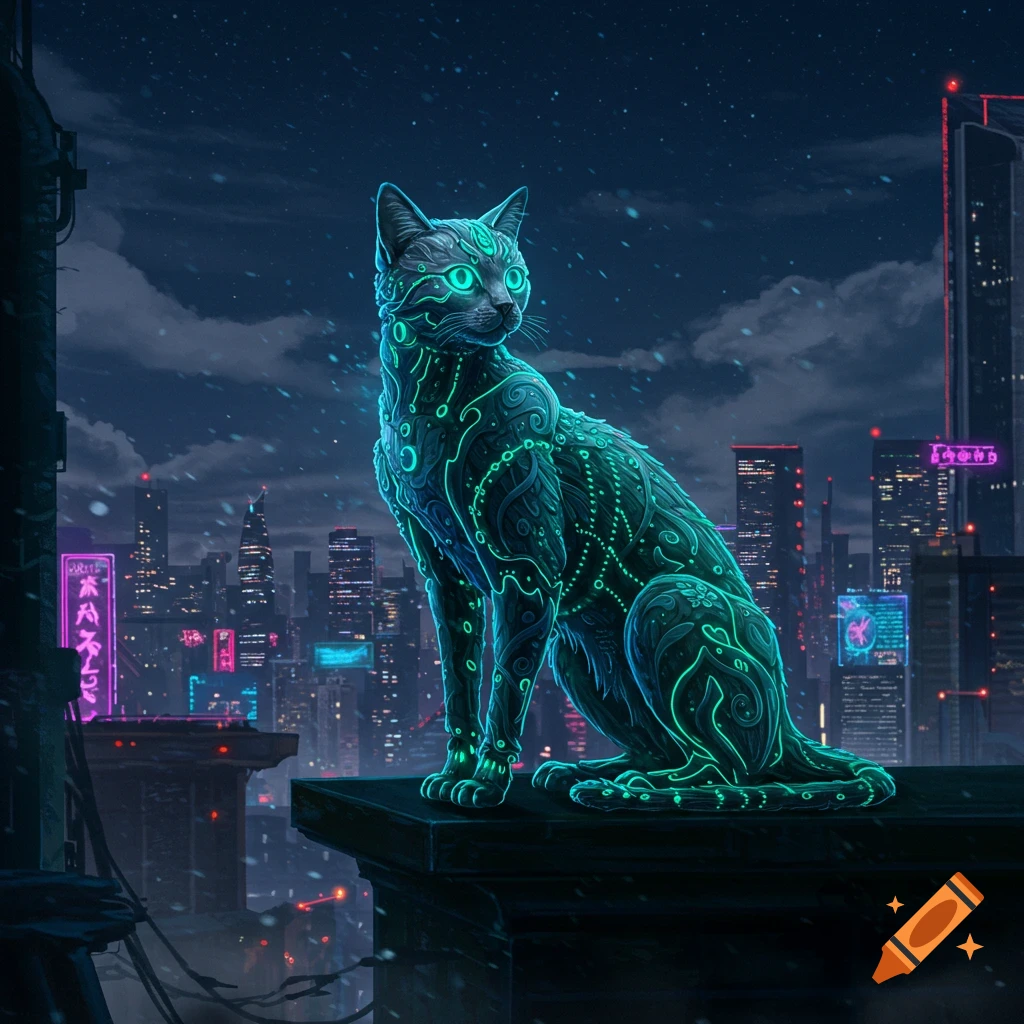 A glowing, green-patterned cyberpunk cat sits on a rooftop overlooking a neon-lit futuristic city at night.