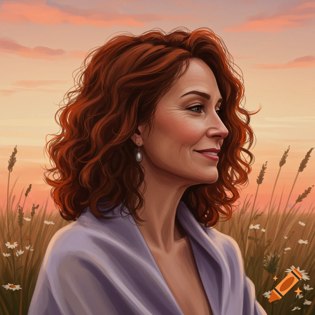 A smiling woman with red, curly hair in a light purple wrap, looking sideways in a field of daisies and tall grass under a sunset sky.