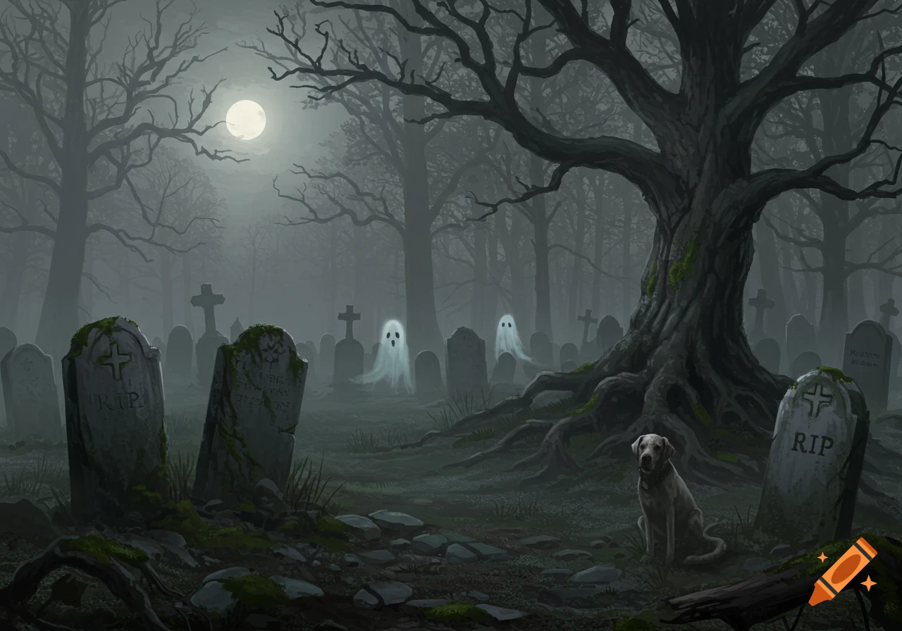 A spooky graveyard at night under a full moon with bare trees, multiple tombstones, two white ghostly figures, and a dog sitting near a grave.