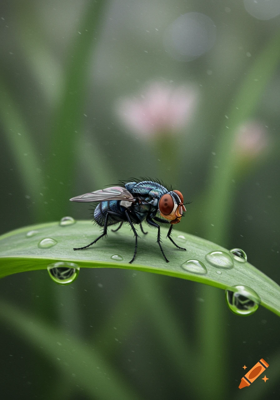 A detailed, photorealistic close-up of a housefly with large red eyes sitting on a green leaf with several water droplets.
