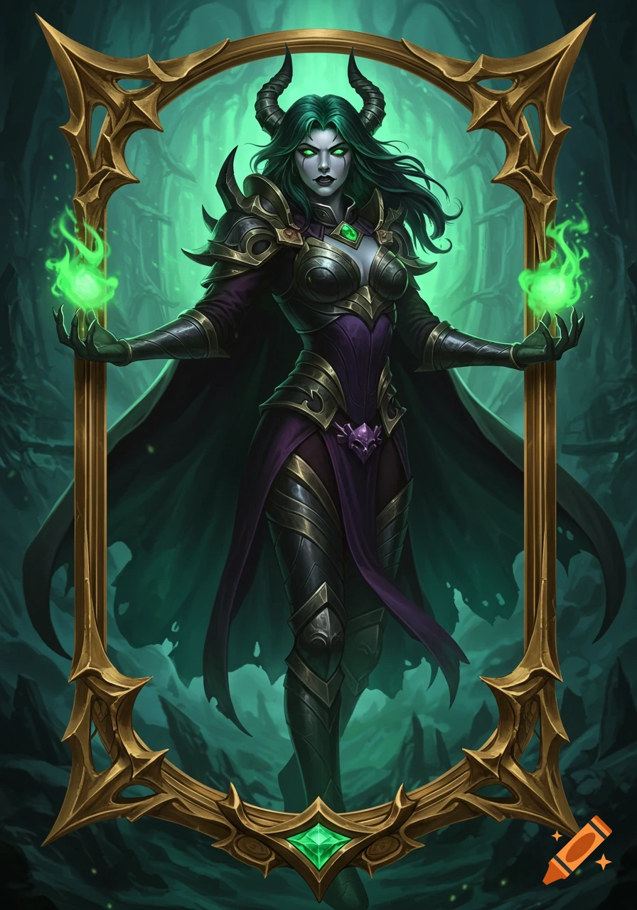 A green-skinned sorceress with horns, green hair, and glowing eyes in purple and gold armor, holding green magic, within an ornate gold frame.