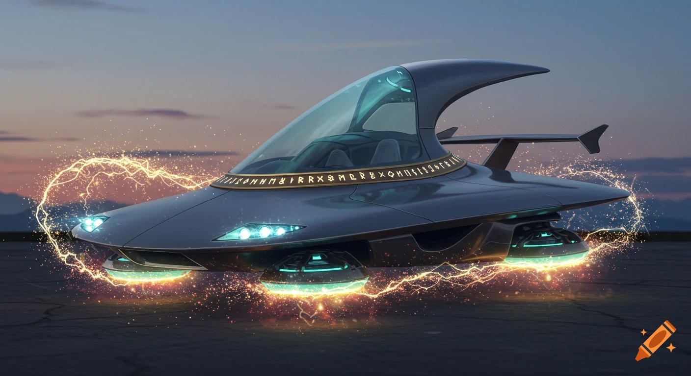 Sleek, dark futuristic hovercar with glowing green lights and arcane runes, surrounded by electrical sparks, at dusk.