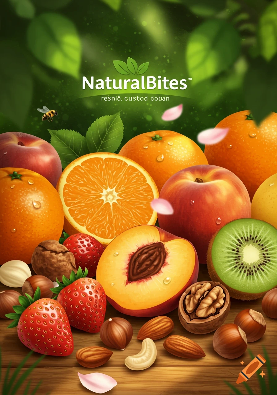 A vibrant arrangement of fresh fruits and nuts, including oranges, apples, strawberries, and peaches, on a wooden table with a 'NaturalBites' logo.