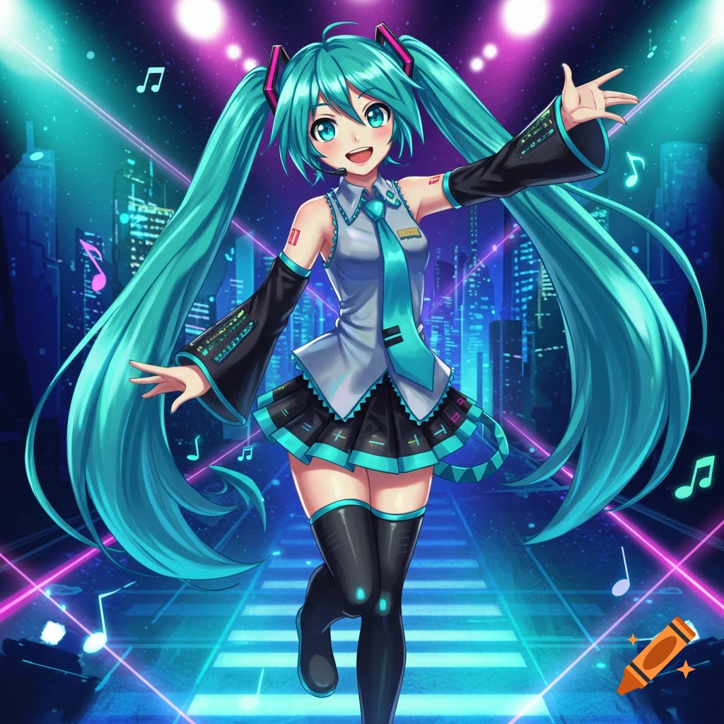 Hatsune Miku, an anime character with long turquoise pigtails, performs on a neon-lit stage against a futuristic city backdrop.