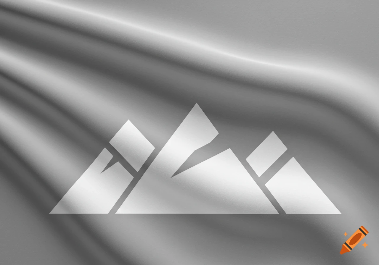 A pearl grey flag with dynamic folds featuring three interconnected, stylized white mountain peaks in a geometric style.