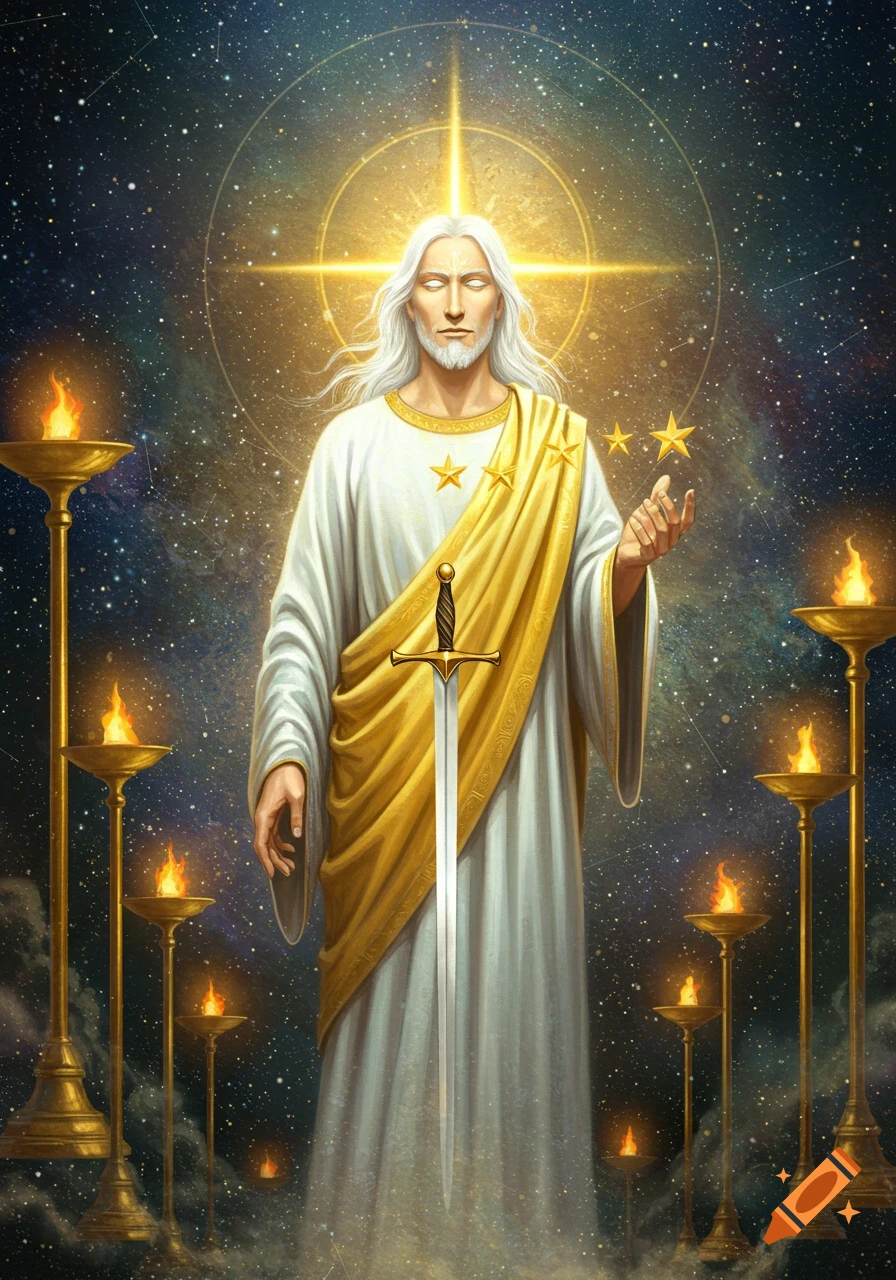 A divine figure with long white hair, a beard, a white robe, and a golden sash holds a sword and stars, set against a cosmic backdrop with glowing torches.