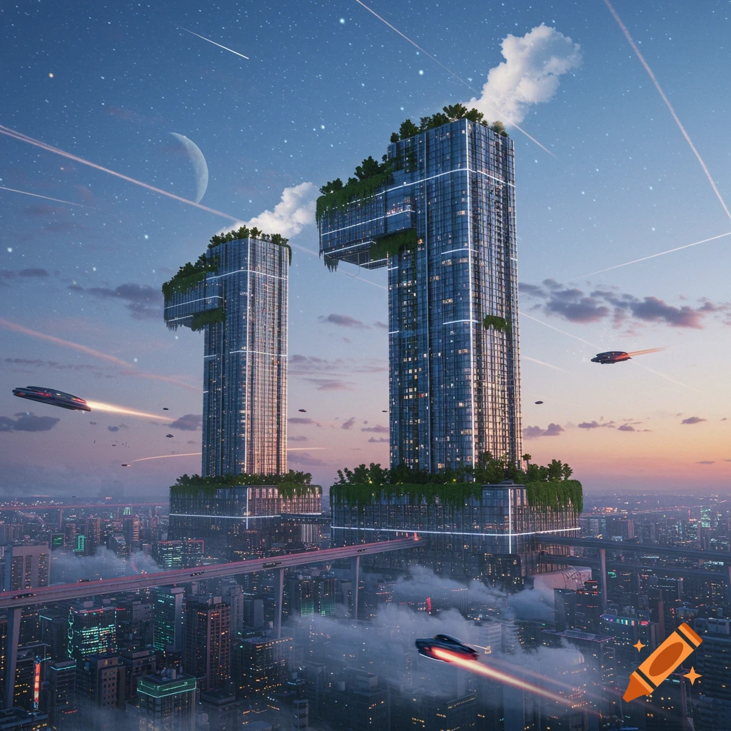 Two futuristic skyscrapers shaped like '11' rise above a sprawling cityscape with flying vehicles under a starlit sky.