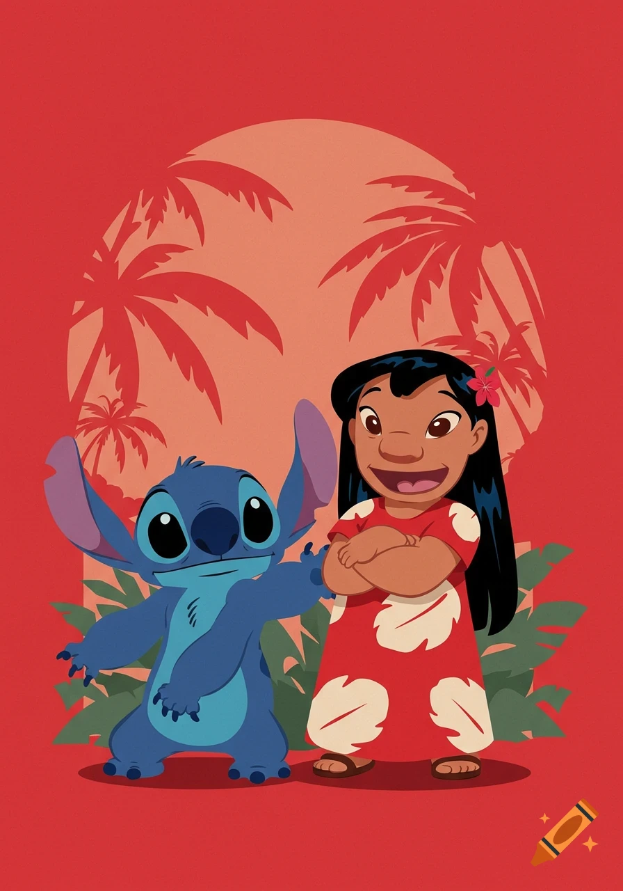 Lilo and Stitch stand together on a red background with silhouetted palm trees, a vibrant cartoon illustration.