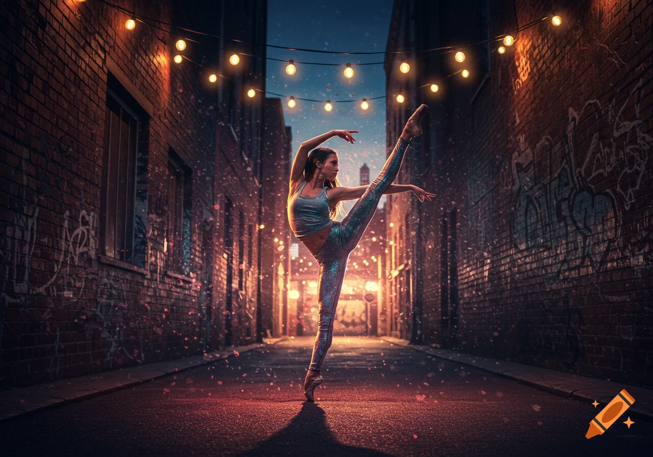 A female dancer in sparkling activewear performs a split in an illuminated urban alley at night.