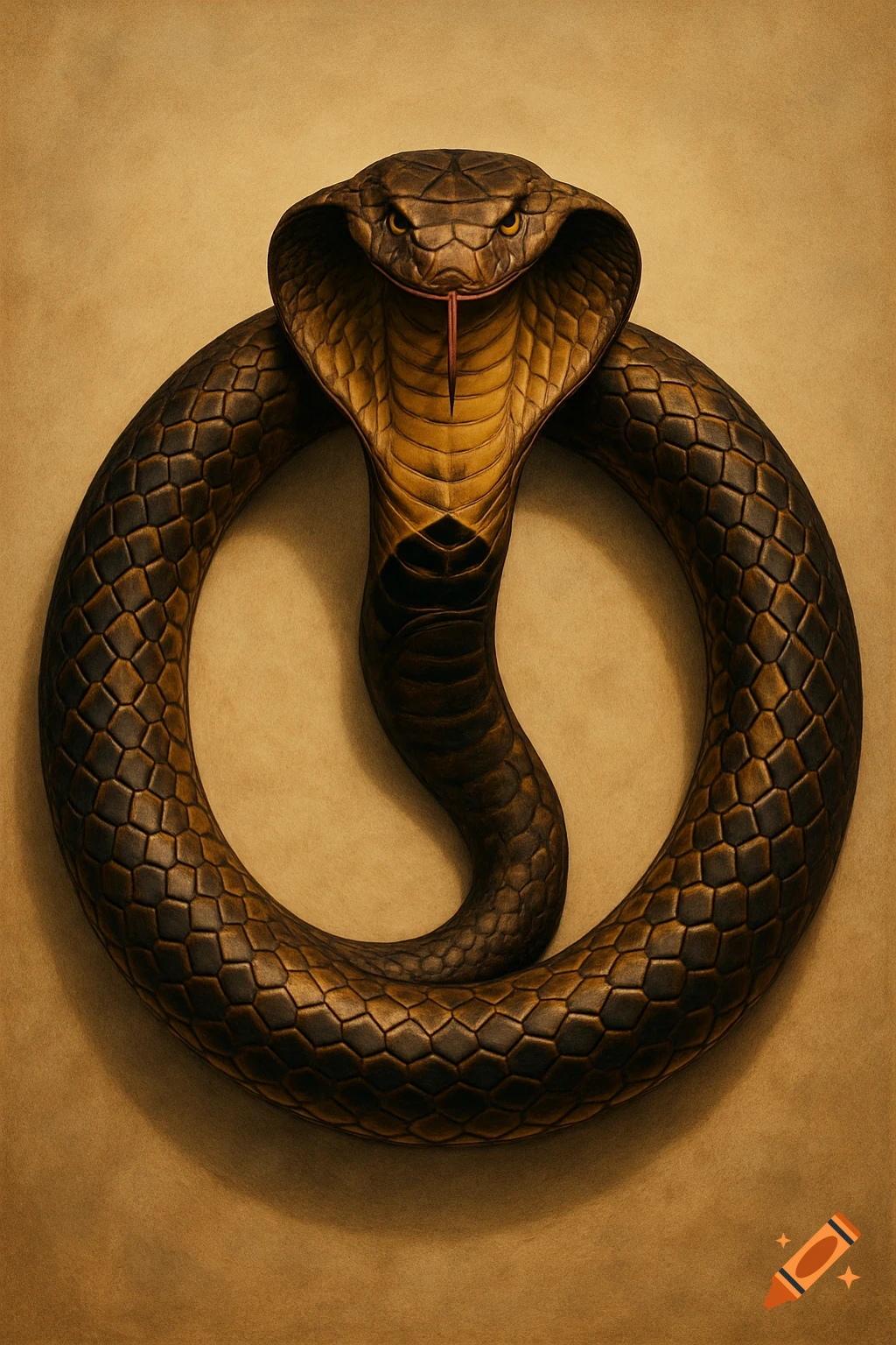 A stylized cobra, seen from above, with its body coiled into a perfect '0' shape and its head centered, against a warm ocher background.