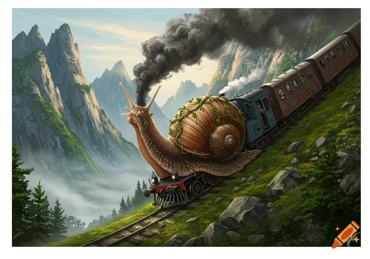A fantasy illustration of a giant snail with a shell covered in vines, pulling an old train up a steep mountain slope.