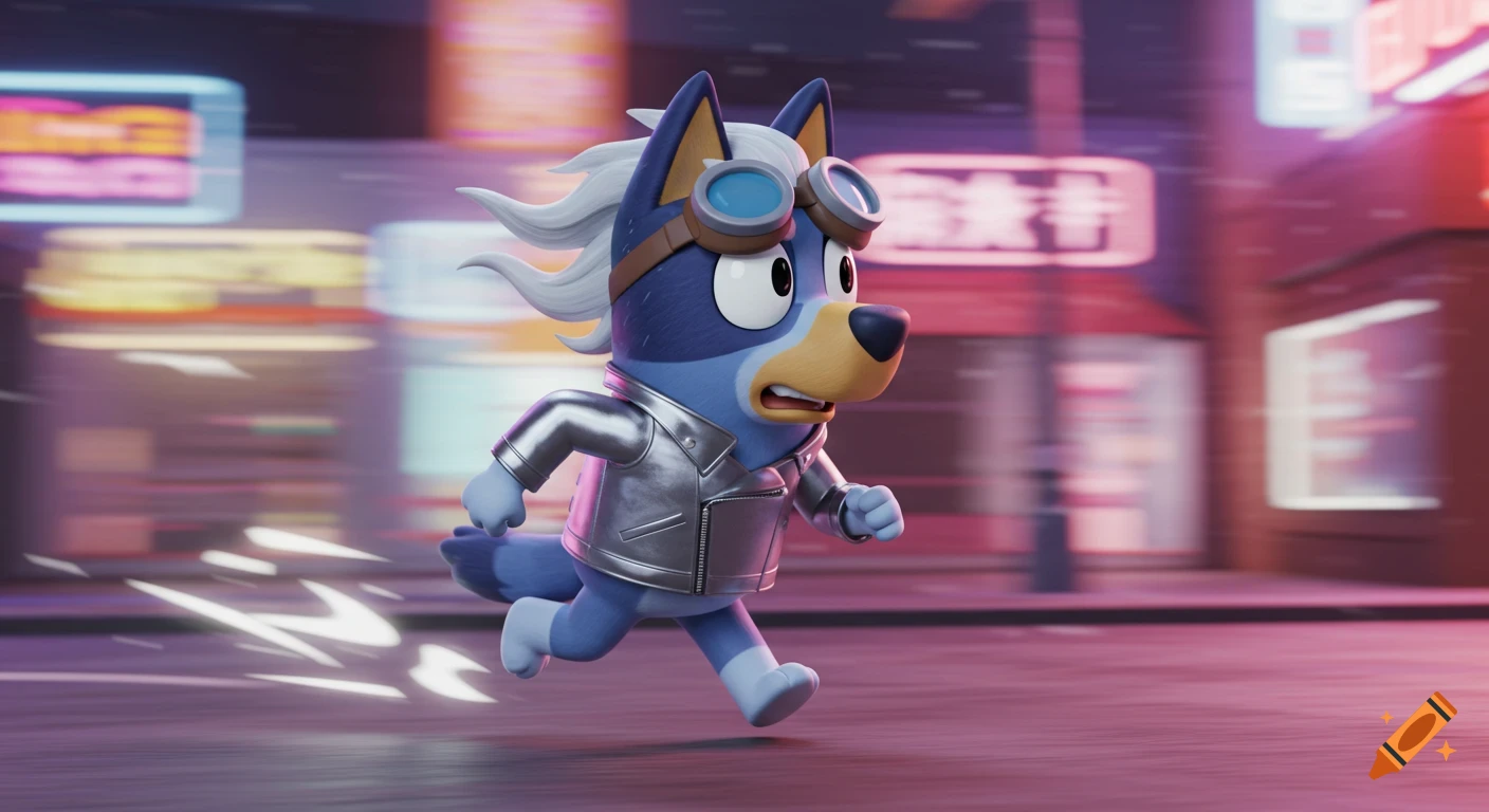 Bluey Heeler cartoon character tap dancing in a purple rabbit costume ...