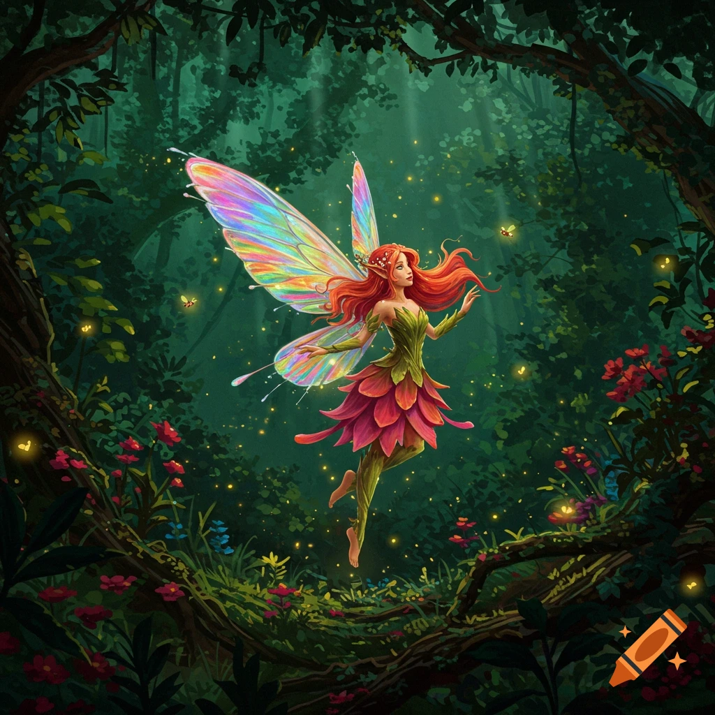A vibrant red-haired fairy with iridescent wings and a leaf dress floats in a magical, dark forest with glowing fireflies. Illustrative style.