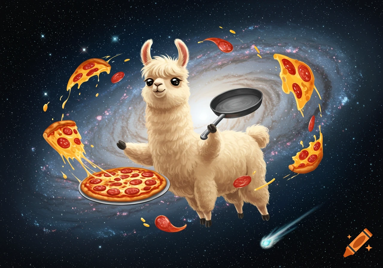 A cartoon llama holds a frying pan and a whole pizza, surrounded by flying pizza slices and pepperoni in a starry galaxy.