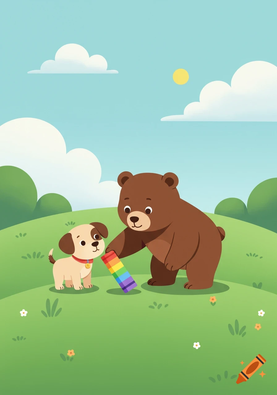 A cartoon bear gives a rainbow crayon to a small dog on a green hill under a blue sky.