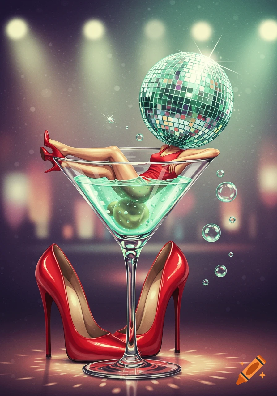 Stylized illustration of a woman with a disco ball head bathing in a martini glass, balancing on red high heels, against a blurred party background.