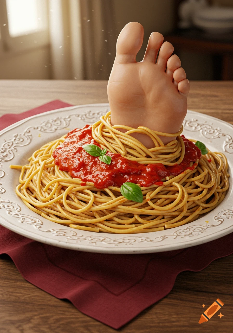 A realistic human foot stands upright in a plate of spaghetti with red sauce and basil leaves on a wooden table.