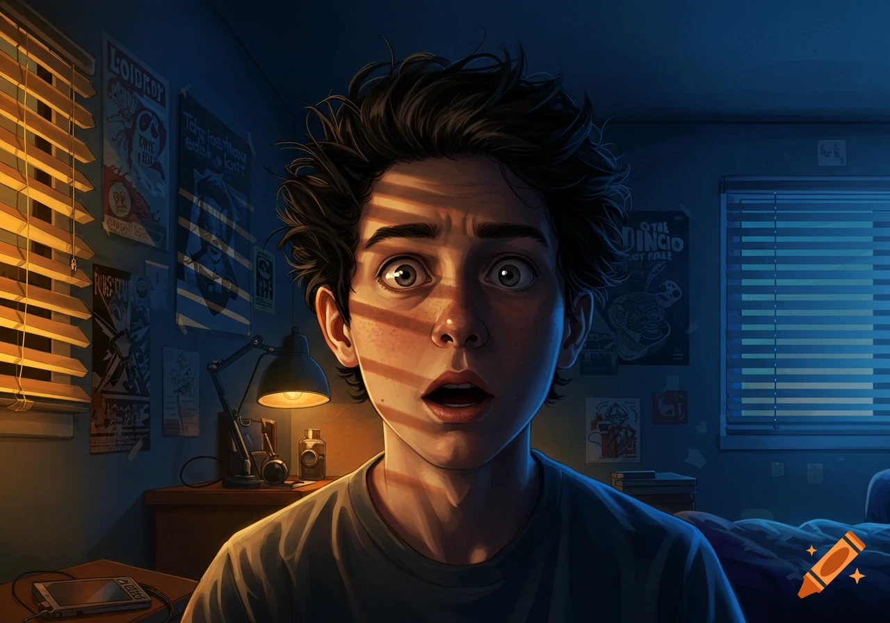 A wide-eyed, surprised teenage boy in a dimly lit room with blinds casting shadows across his face, digital illustration.