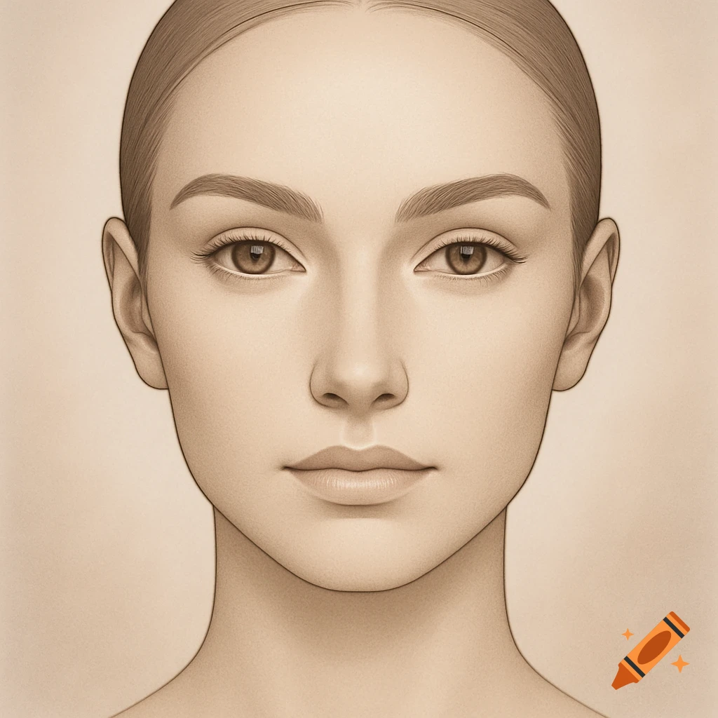 A symmetrical, front-facing, highly detailed illustration of a woman's face, ideal for studying facial proportions.