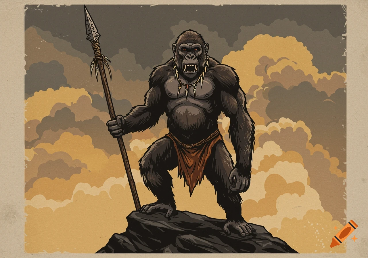 A stylized, powerful gorilla-like creature in an orange loincloth and bone necklace stands on a rock, holding a spear against a cloudy sky with a vintage filter.