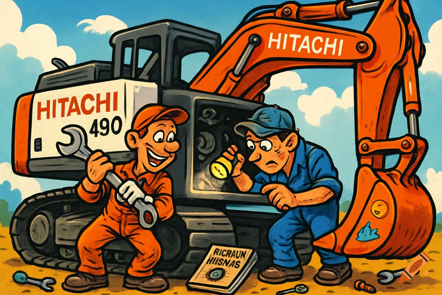 Two cartoon mechanics work on a large orange and gray Hitachi 490 excavator in a comic art style, with one holding a wrench and the other a flashlight.