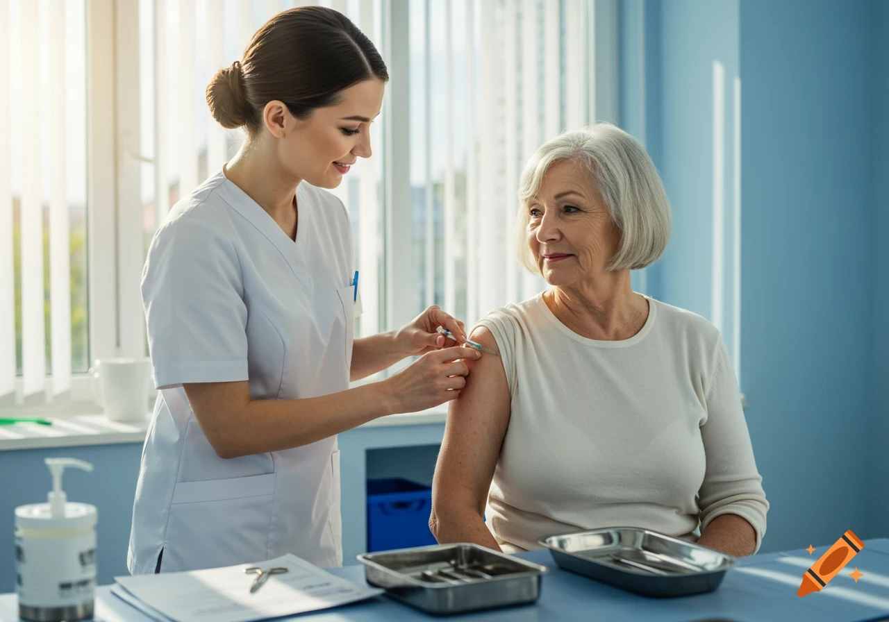 A nurse in scrubs administers a vaccination to a smiling senior woman in a bright clinic setting.