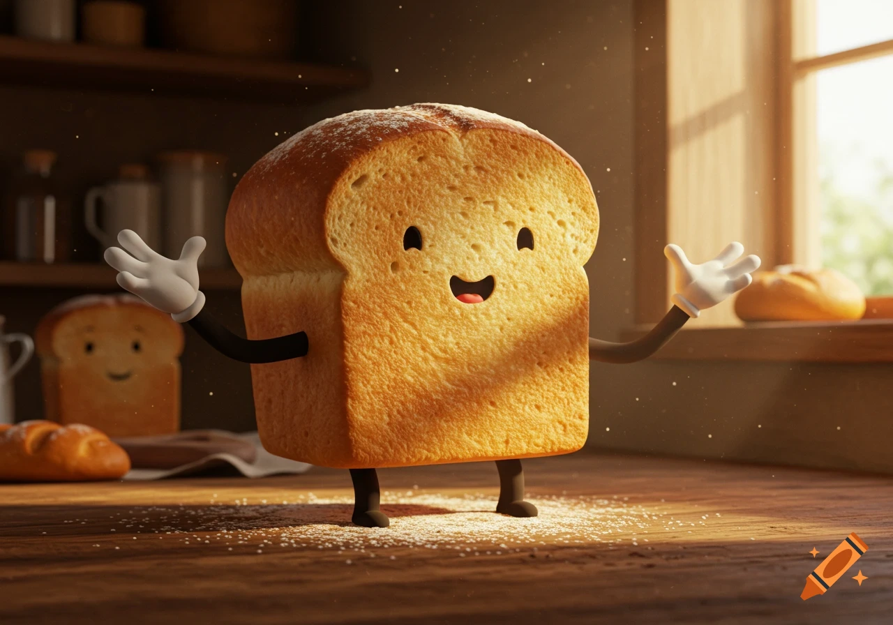 A smiling cartoon loaf of bread with white gloved hands and small legs stands on a wooden counter, with more bread and shelves in the background.