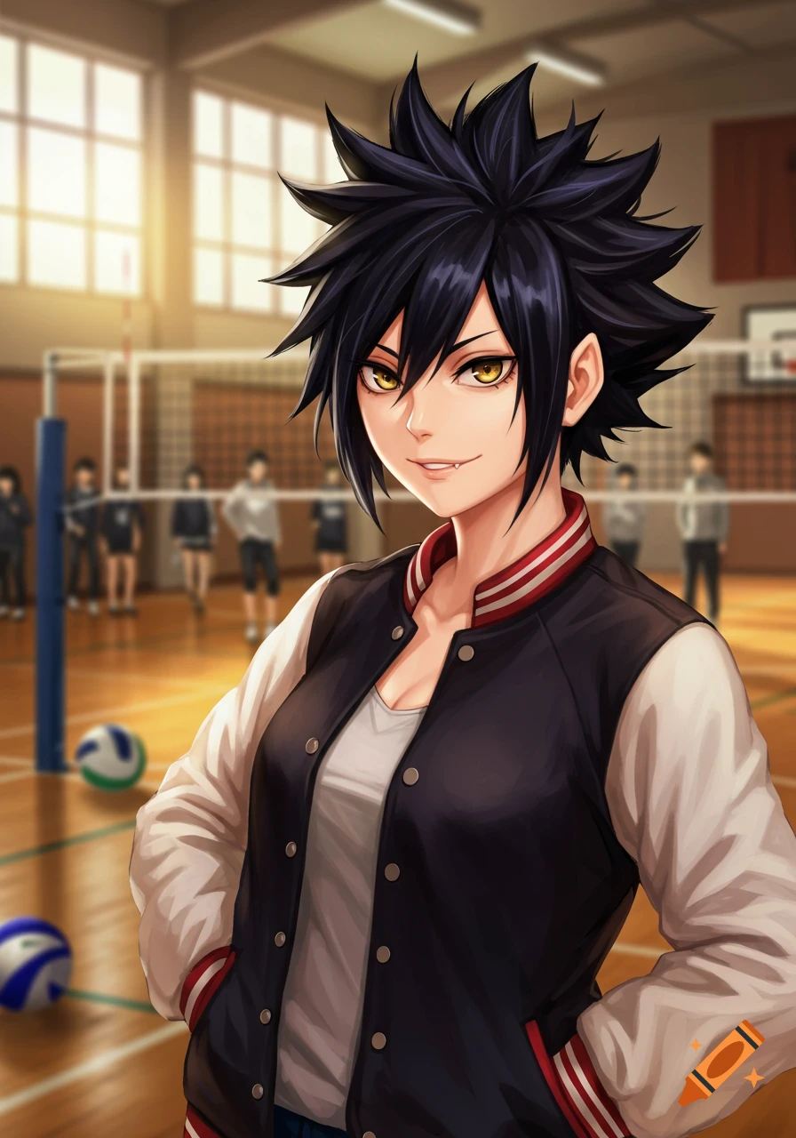 An anime girl with spiky black hair and yellow eyes, wearing a dark blue and white varsity jacket over a white top, smirks in a volleyball gym.