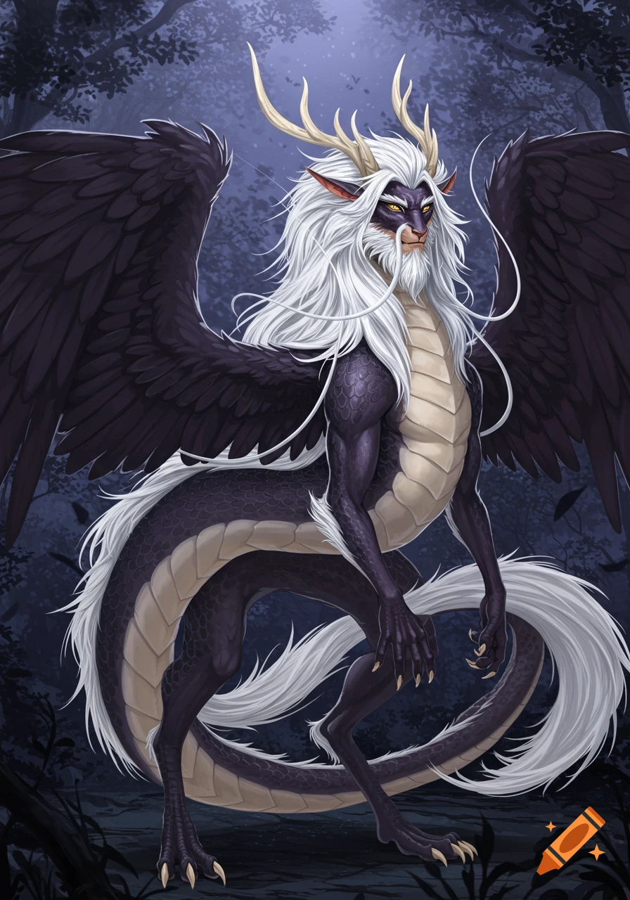 A dark purple anthropomorphic dragon with white hair, beard, and mane, tan horns, and large dark wings stands in a dark forest.