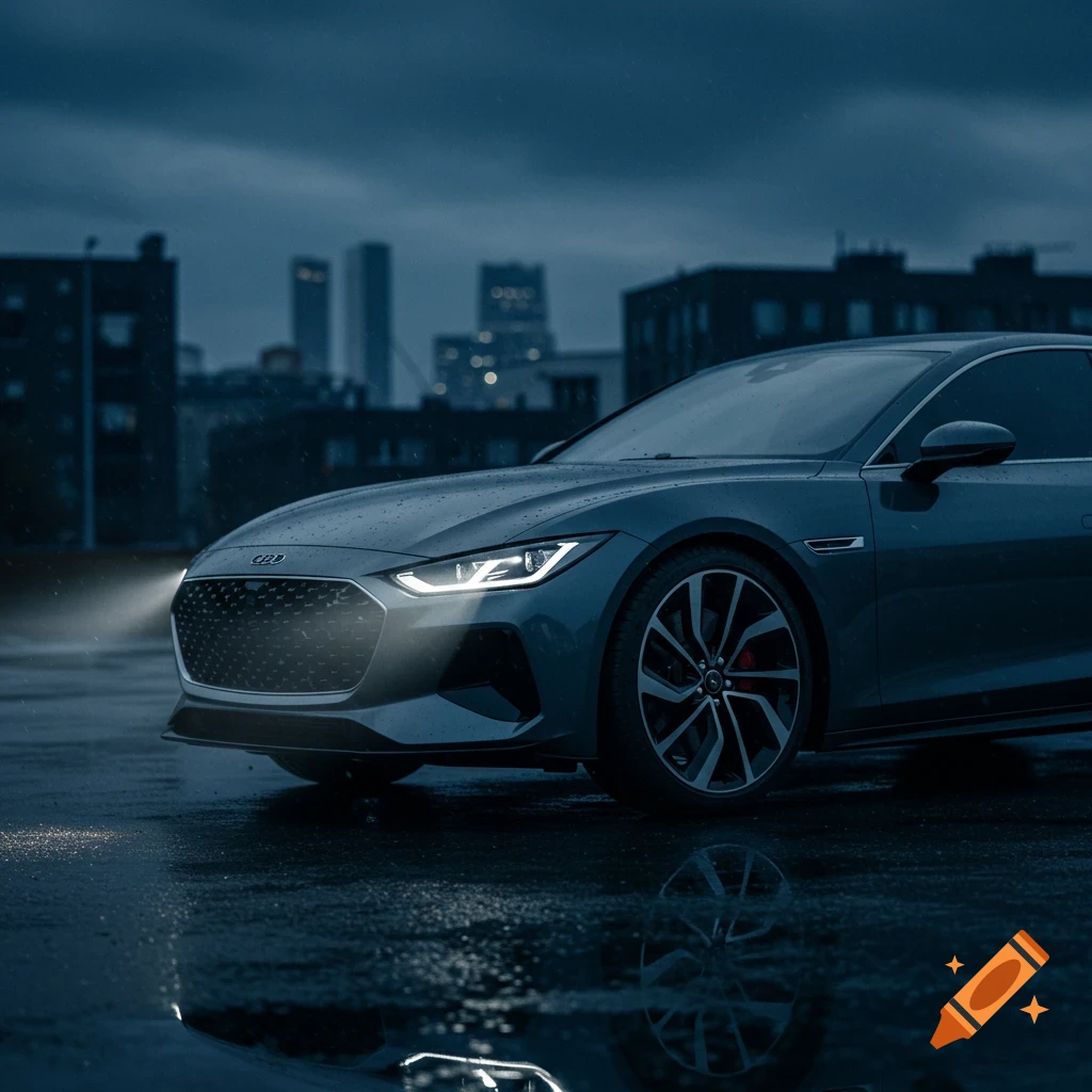 A sleek, dark gray car with illuminated headlights parked on a wet city street at night, reflecting in puddles.