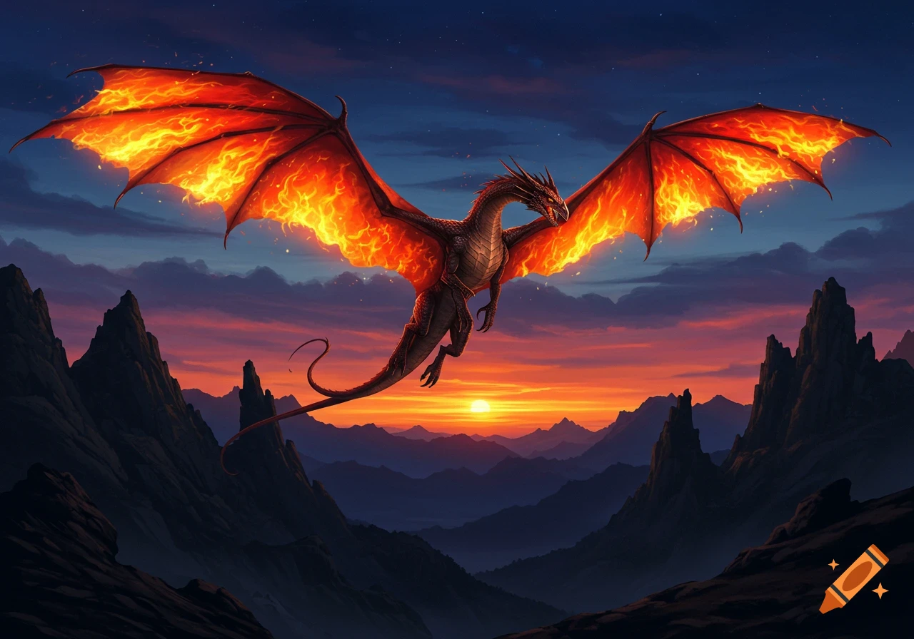 A large dragon with fiery, flaming wings soars over a dramatic mountain range at sunset.