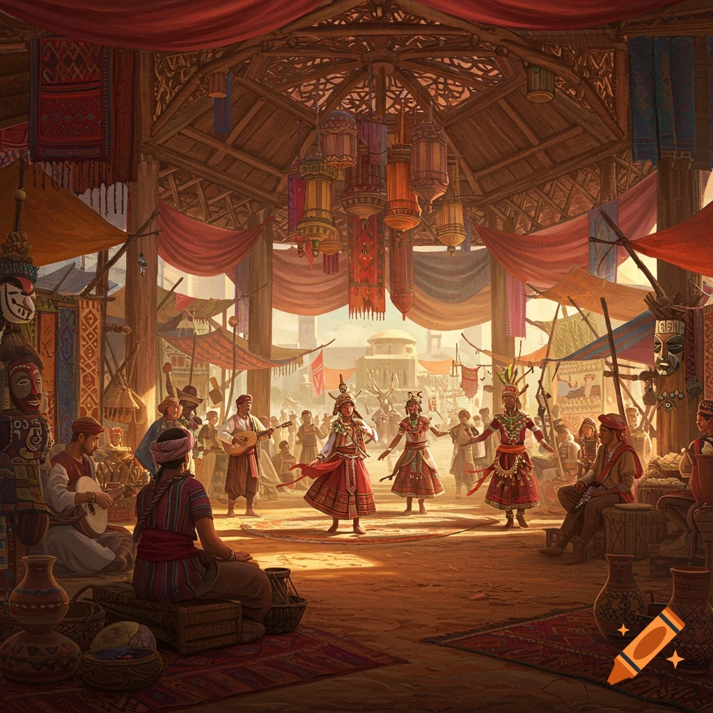 A vibrant market scene under an ornate wooden roof, with three performers in traditional attire dancing while musicians play for a crowd.