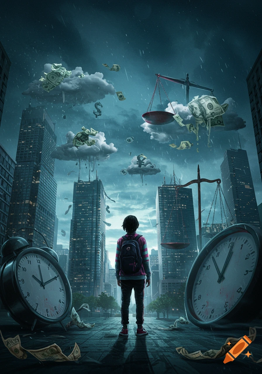 A person looks at a gloomy cityscape with oversized clocks and money raining from clouds, symbolizing an economic crisis.